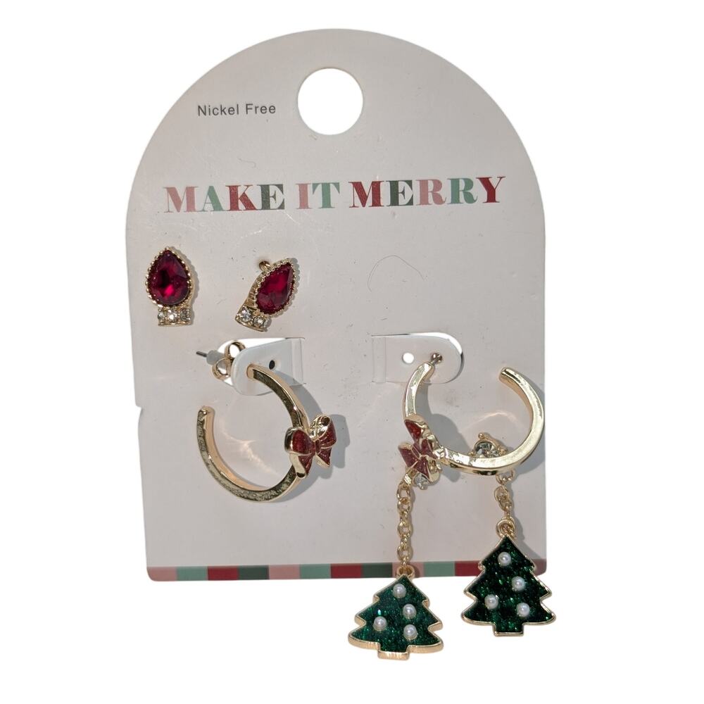 Three Pair of Gold Tone Pierced Christmas Theme Earrings NWT